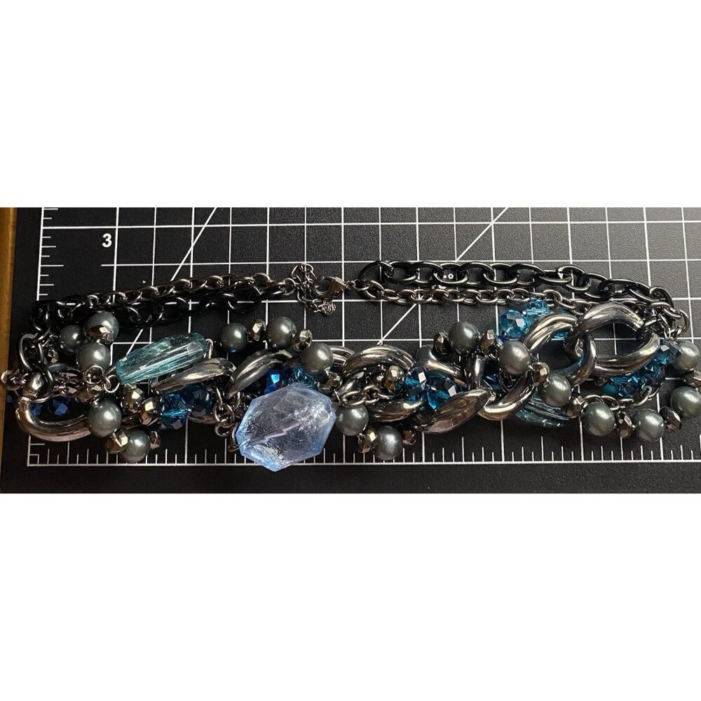 Blue Gunmetal Choker Earring Set Statement Torsade Beads Curb Chain Drop Pierced - Picture 5 of 7